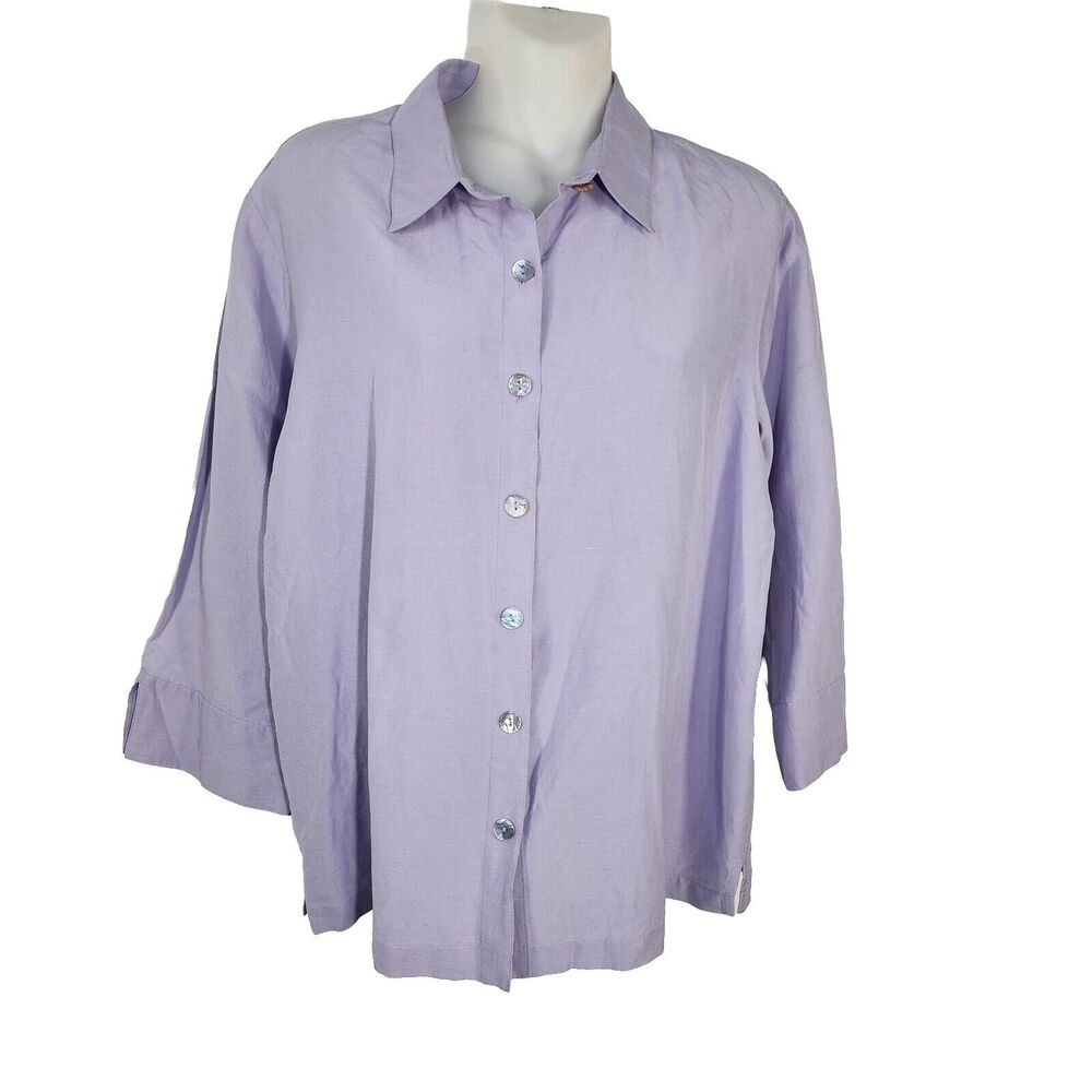 Carol Anderson Collection Womens Top Medium Button Silk Linen Blend 3/4 Sleeve